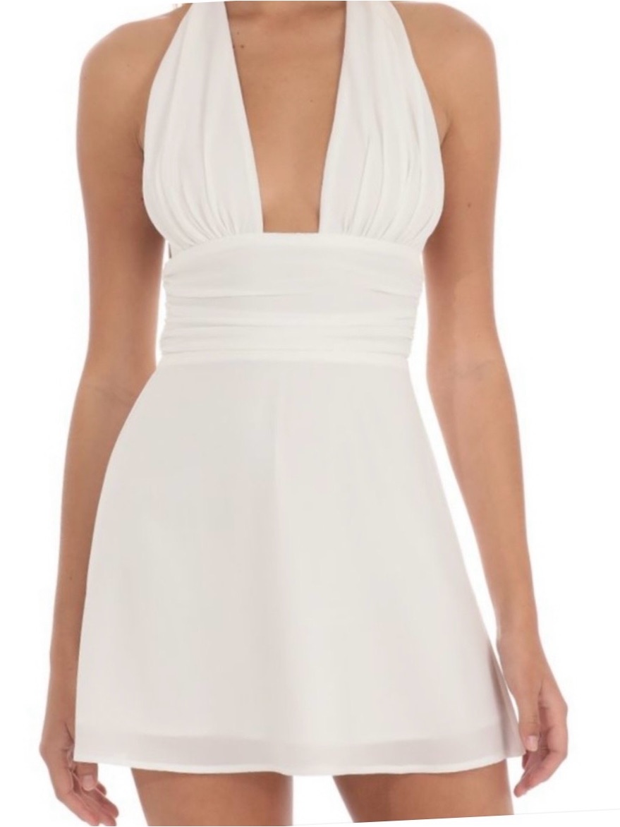 Lucy In The Sky White Crepe Halter Mini Dress. Pleated Waistband, Tie Back Sz Xl